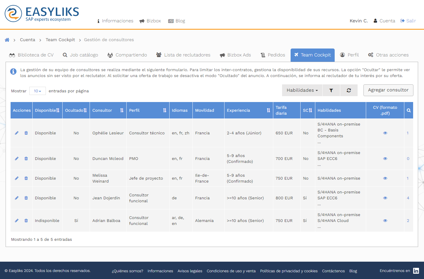 Gestionar intercontratos para consultores de ESN.